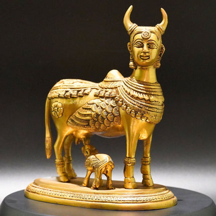 Brass Kamadhenu with Calf Idol - Divine Source of Fulfillment and Nourishment
