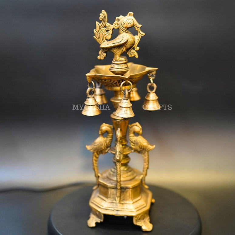 Brass Peacock Diya with Five Oil Wicks and Bells