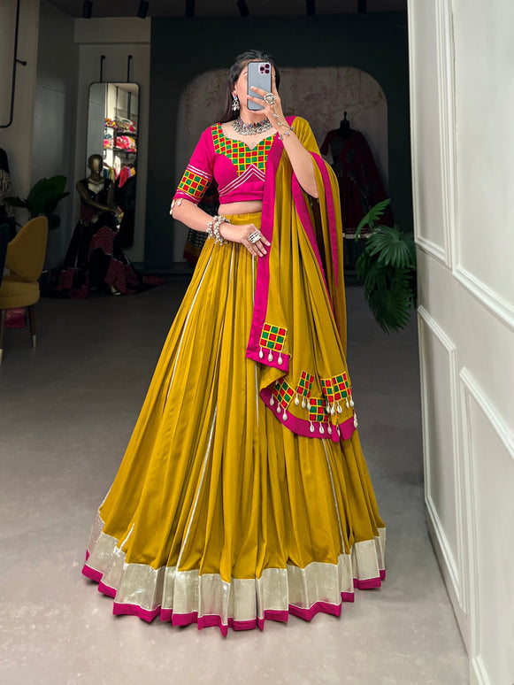 Lorenvalley Fashion Mustard Pure Rayon Plain And Lace Border With Gotta Patti Touch Up Lehenga Choli with Dupatta
