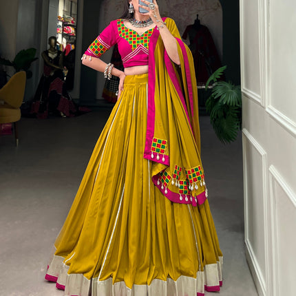Lorenvalley Fashion Mustard Pure Rayon Plain And Lace Border With Gotta Patti Touch Up Lehenga Choli with Dupatta