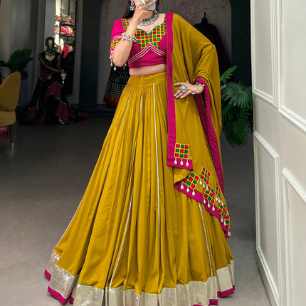 Lorenvalley Fashion Mustard Pure Rayon Plain And Lace Border With Gotta Patti Touch Up Lehenga Choli with Dupatta