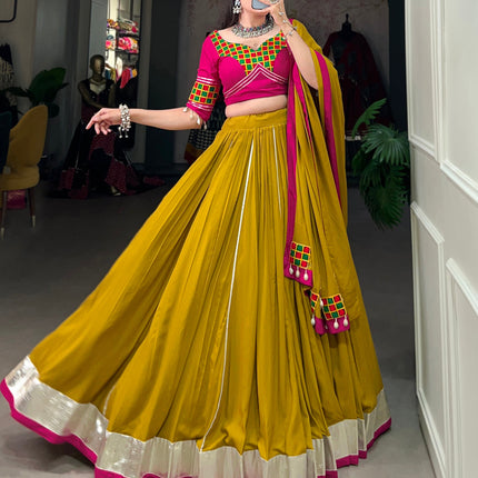 Lorenvalley Fashion Mustard Pure Rayon Plain And Lace Border With Gotta Patti Touch Up Lehenga Choli with Dupatta