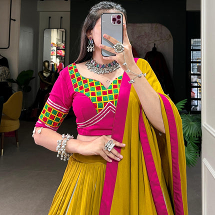 Lorenvalley Fashion Mustard Pure Rayon Plain And Lace Border With Gotta Patti Touch Up Lehenga Choli with Dupatta