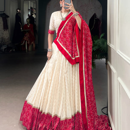 Lorenvalley Fashion Offwhite Cotton Zigzag and Bandhej Print With Sequins Lace Touch Up Lehenga Choli with Dupatta