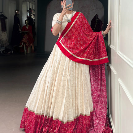 Lorenvalley Fashion Offwhite Cotton Zigzag and Bandhej Print With Sequins Lace Touch Up Lehenga Choli with Dupatta