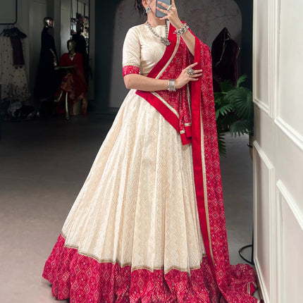 Lorenvalley Fashion Offwhite Cotton Zigzag and Bandhej Print With Sequins Lace Touch Up Lehenga Choli with Dupatta