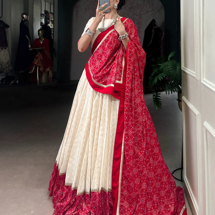 Lorenvalley Fashion Offwhite Cotton Zigzag and Bandhej Print With Sequins Lace Touch Up Lehenga Choli with Dupatta