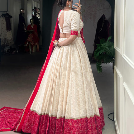 Lorenvalley Fashion Offwhite Cotton Zigzag and Bandhej Print With Sequins Lace Touch Up Lehenga Choli with Dupatta