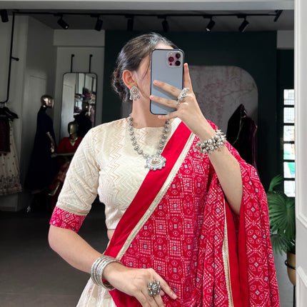 Lorenvalley Fashion Offwhite Cotton Zigzag and Bandhej Print With Sequins Lace Touch Up Lehenga Choli with Dupatta