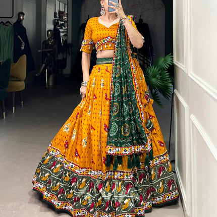 Lorenvalley Mustard Tussar Silk Patola Print with Gamthi Work Lace and Foil Work Lehenga Choli with Dupatta