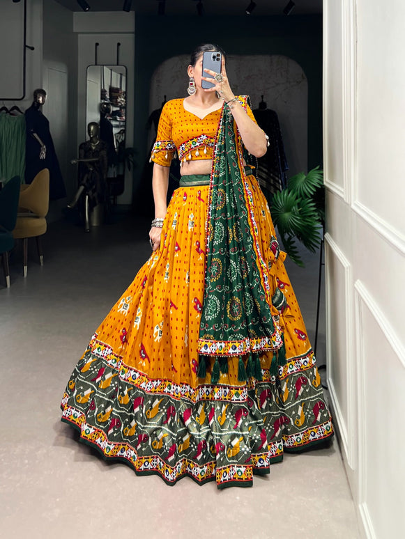 Lorenvalley Mustard Tussar Silk Patola Print with Gamthi Work Lace and Foil Work Lehenga Choli with Dupatta