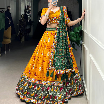 Lorenvalley Mustard Tussar Silk Patola Print with Gamthi Work Lace and Foil Work Lehenga Choli with Dupatta