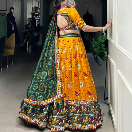 Lorenvalley Mustard Tussar Silk Patola Print with Gamthi Work Lace and Foil Work Lehenga Choli with Dupatta
