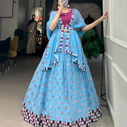 Lorenvalley Sky Blue Georgette Sequins and embroidery With Mirror Work Lehenga Choli with Dupatta