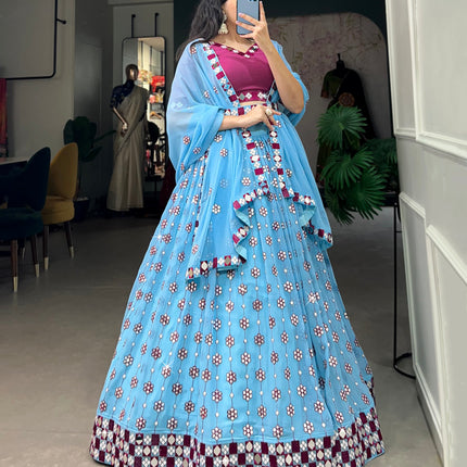 Lorenvalley Sky Blue Georgette Sequins and embroidery With Mirror Work Lehenga Choli with Dupatta