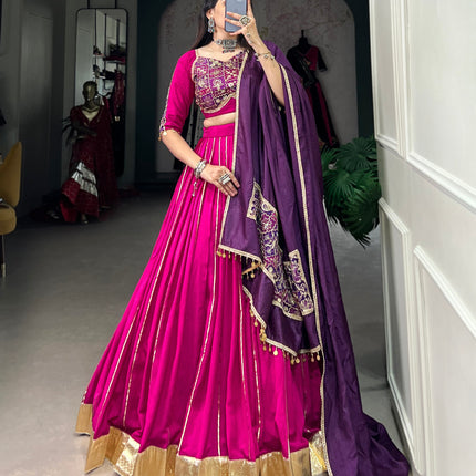 Lorenvalley Pink Chanderi Plain With Zari Line Gota Patti And Embossed Design Lace Touch Up Lehenga Choli with Dupatta