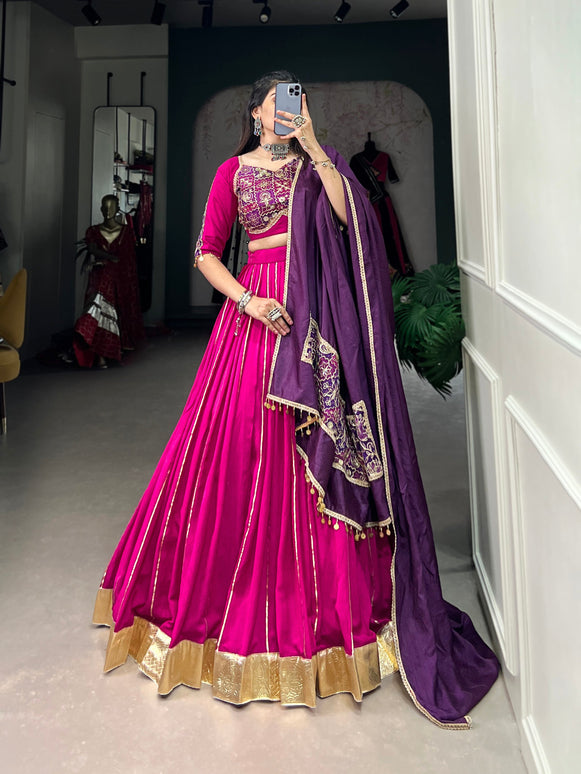 Lorenvalley Pink Chanderi Plain With Zari Line Gota Patti And Embossed Design Lace Touch Up Lehenga Choli with Dupatta