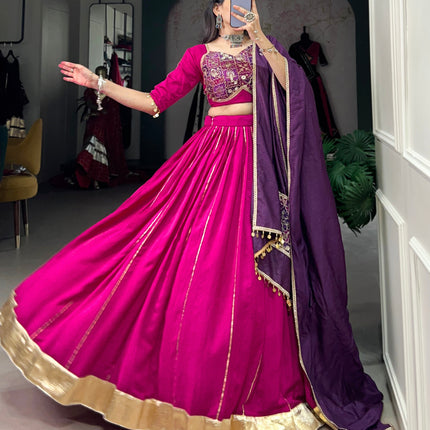 Lorenvalley Pink Chanderi Plain With Zari Line Gota Patti And Embossed Design Lace Touch Up Lehenga Choli with Dupatta