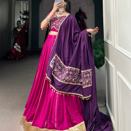 Lorenvalley Pink Chanderi Plain With Zari Line Gota Patti And Embossed Design Lace Touch Up Lehenga Choli with Dupatta