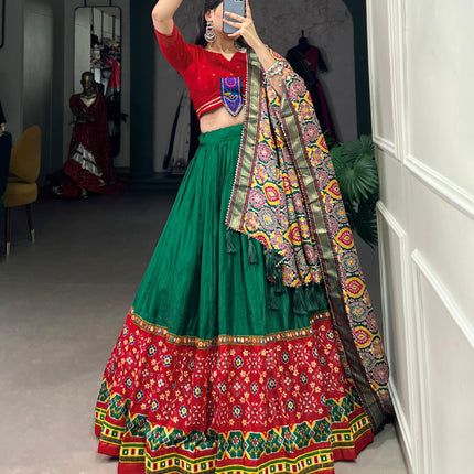 Lorenvalley Green Dola Silk Printed With Foil Work And Original Mirror Gamthi Lace Touch Up Lehenga Choli with Dupatta