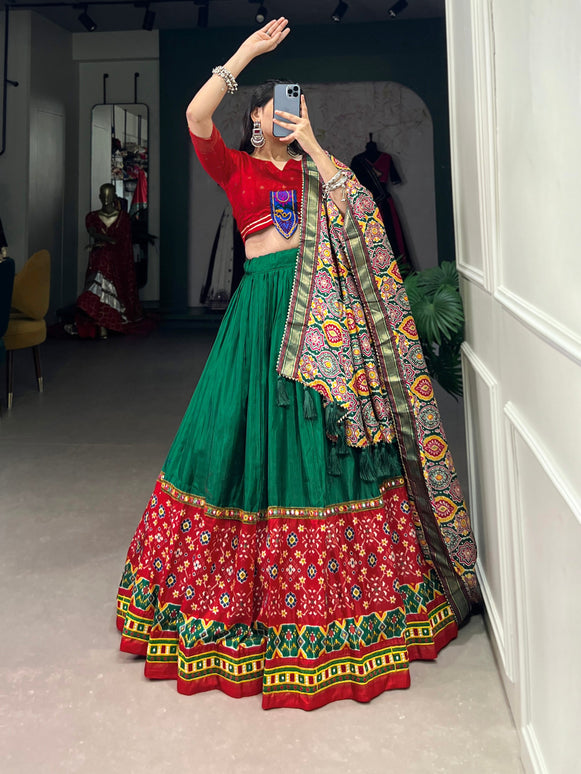 Lorenvalley Green Dola Silk Printed With Foil Work And Original Mirror Gamthi Lace Touch Up Lehenga Choli with Dupatta