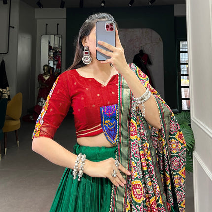 Lorenvalley Green Dola Silk Printed With Foil Work And Original Mirror Gamthi Lace Touch Up Lehenga Choli with Dupatta