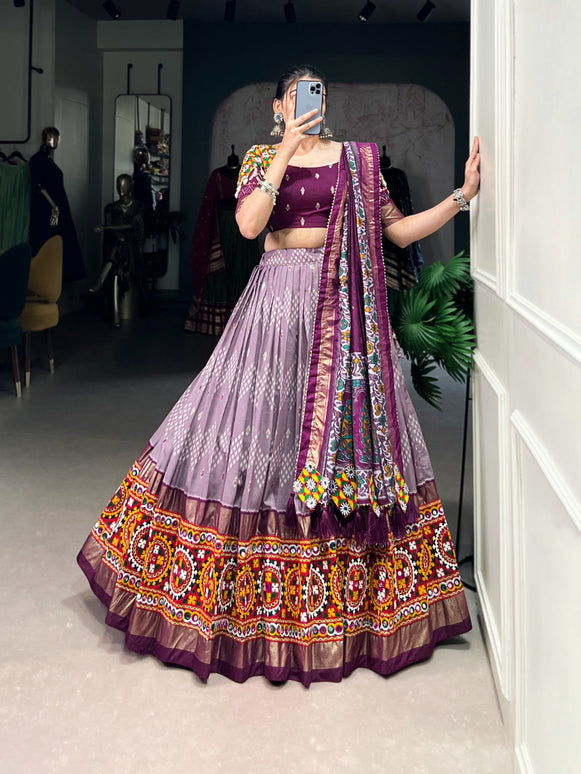 Lorenvalley Wine Tussar Silk Dot and Ikkat Print with Mirror Gamthi Work and Foil Work Lehenga Choli with Dupatta