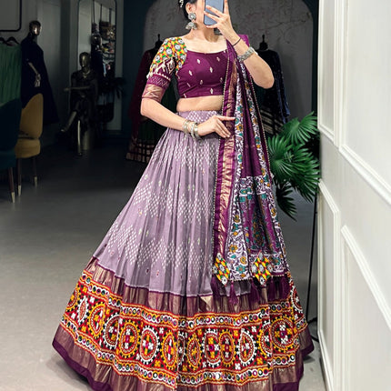 Lorenvalley Wine Tussar Silk Dot and Ikkat Print with Mirror Gamthi Work and Foil Work Lehenga Choli with Dupatta