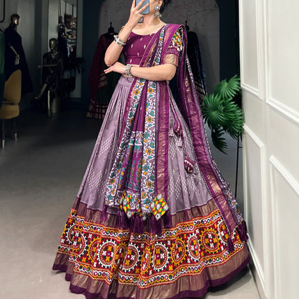 Lorenvalley Wine Tussar Silk Dot and Ikkat Print with Mirror Gamthi Work and Foil Work Lehenga Choli with Dupatta