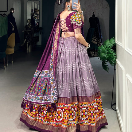 Lorenvalley Wine Tussar Silk Dot and Ikkat Print with Mirror Gamthi Work and Foil Work Lehenga Choli with Dupatta