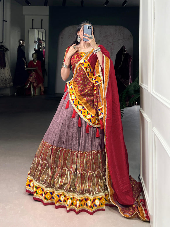 Lorenvalley Fashion Tasar Silk Kashmiri Print With Foil Print And Original Mirror Gamthi work Lehenga Choli with Dupatta