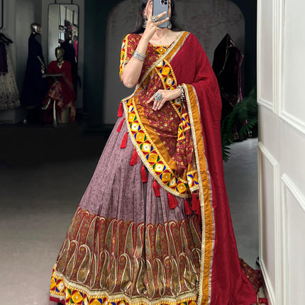 Lorenvalley Fashion Tasar Silk Kashmiri Print With Foil Print And Original Mirror Gamthi work Lehenga Choli with Dupatta
