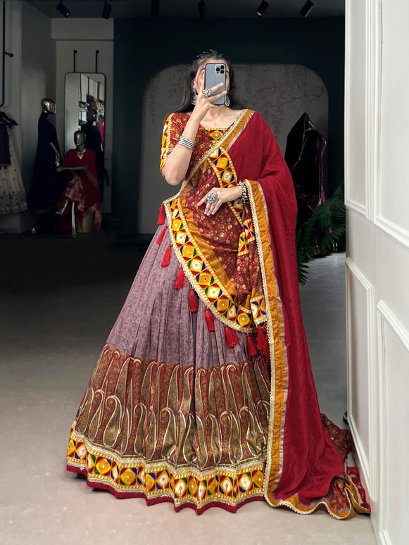 Lorenvalley Fashion Tasar Silk Kashmiri Print With Foil Print And Original Mirror Gamthi work Lehenga Choli with Dupatta