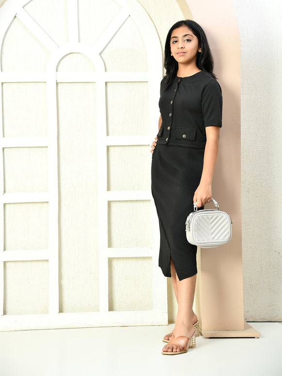 Myshka Girls Black Solid Polyester Top With Skirt