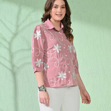 Myshka Women's Causal Shirt Style Embroidered Top Pink Color