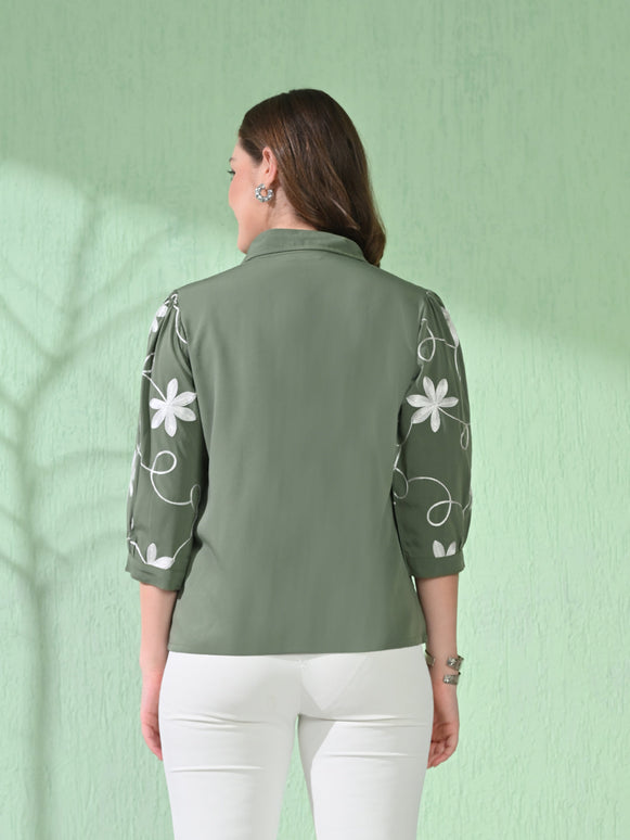 Myshka Women's Causal Printed Shirt Style Embroidered Top Olive Color