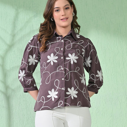 Myshka Women's Causal Printed Shirt Style Embroidered Top Brown Color