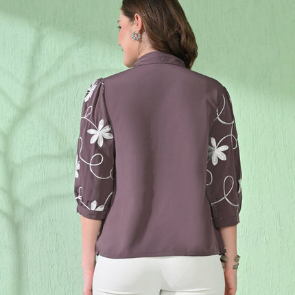 Myshka Women's Causal Printed Shirt Style Embroidered Top Brown Color