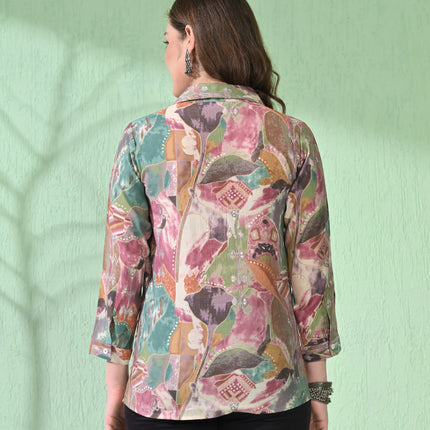 Myshka Women's Causal Printed Shirt Style Embroidered Top Multi Color