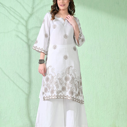 Myshka Women's Embroidered Calf Length White Kurta With Palazzo