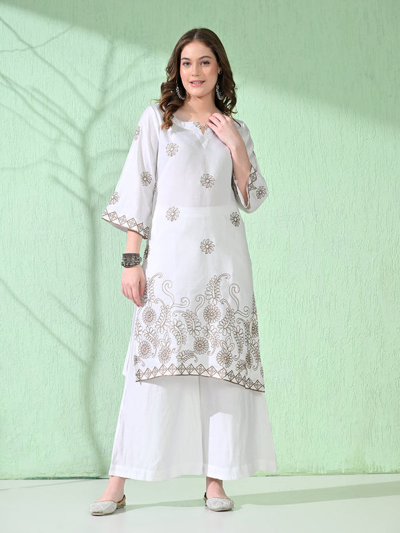 Myshka Women's Embroidered Calf Length White Kurta With Palazzo