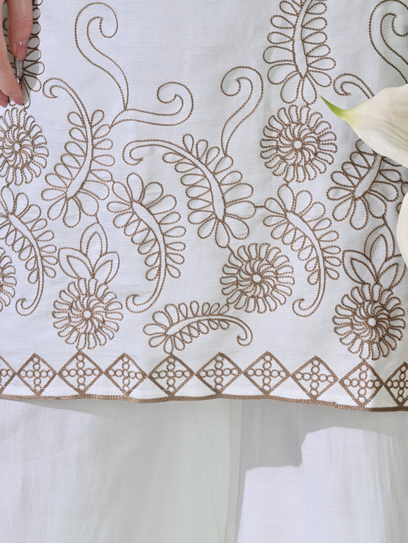 Myshka Women's Embroidered Calf Length White Kurta With Palazzo