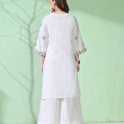 Myshka Women's Embroidered Calf Length White Kurta With Palazzo