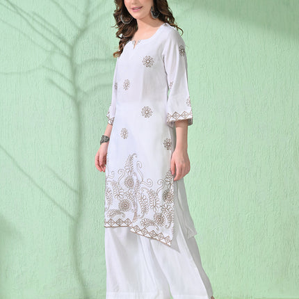 Myshka Women's Embroidered Calf Length White Kurta With Palazzo
