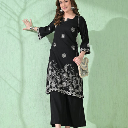 Myshka Women's Embroidered Calf Length Black Kurta With Palazzo