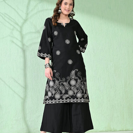 Myshka Women's Embroidered Calf Length Black Kurta With Palazzo