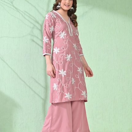 Myshka Women's Embroidered Calf Length Pink Kurta With Palazzo