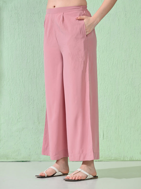 Myshka Women's Embroidered Calf Length Pink Kurta With Palazzo