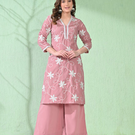 Myshka Women's Embroidered Calf Length Pink Kurta With Palazzo