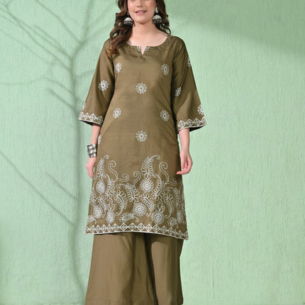Myshka Women's Embroidered Calf Length Olive Kurta With Palazzo